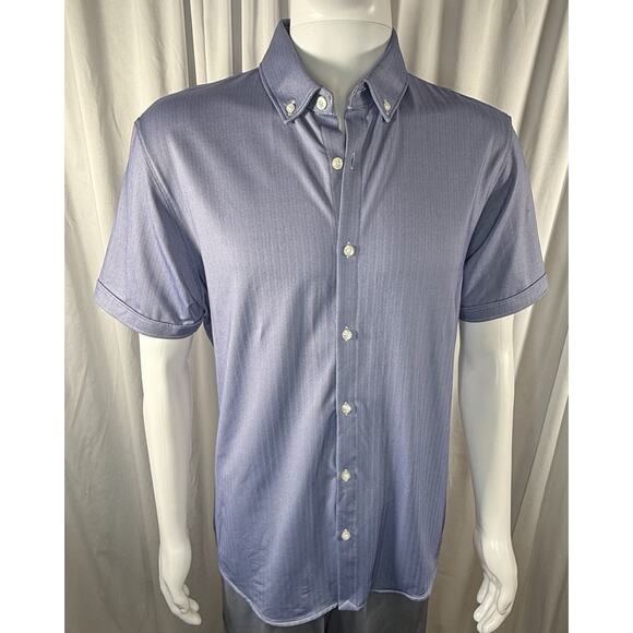 Murano Slim Fit Performance Herringbone Short Sleeves Shirt Blue White XL 88-42 - Picture 1 of 13